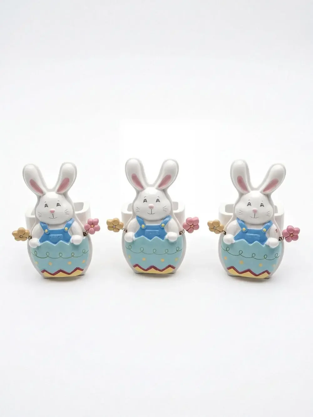 Vintage Ceramic Easter Bunny Napkin Rings Set, Blue Overalls Egg Holder